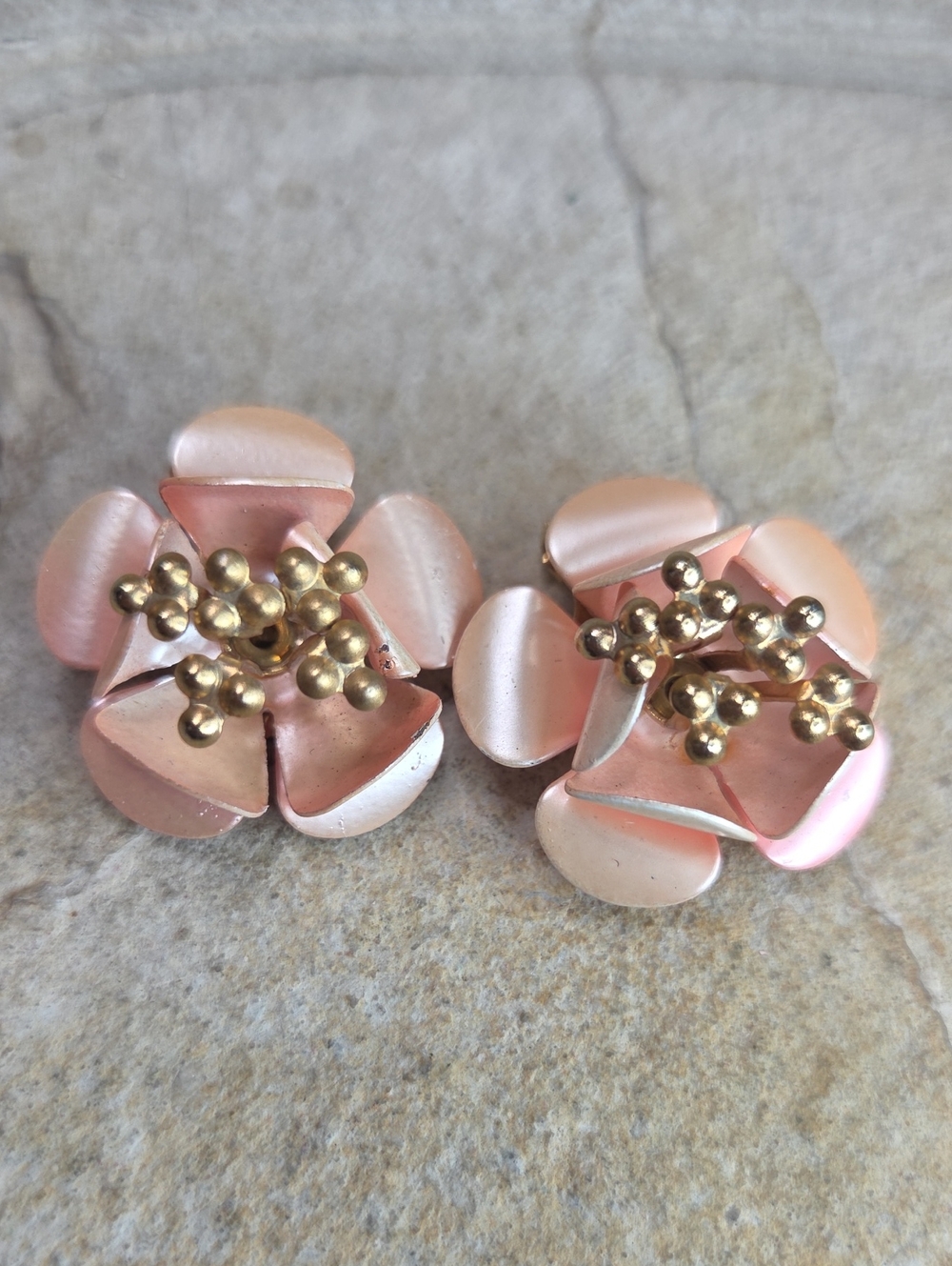 Vintage Pink Enamel Flower Earrings Clip-ons